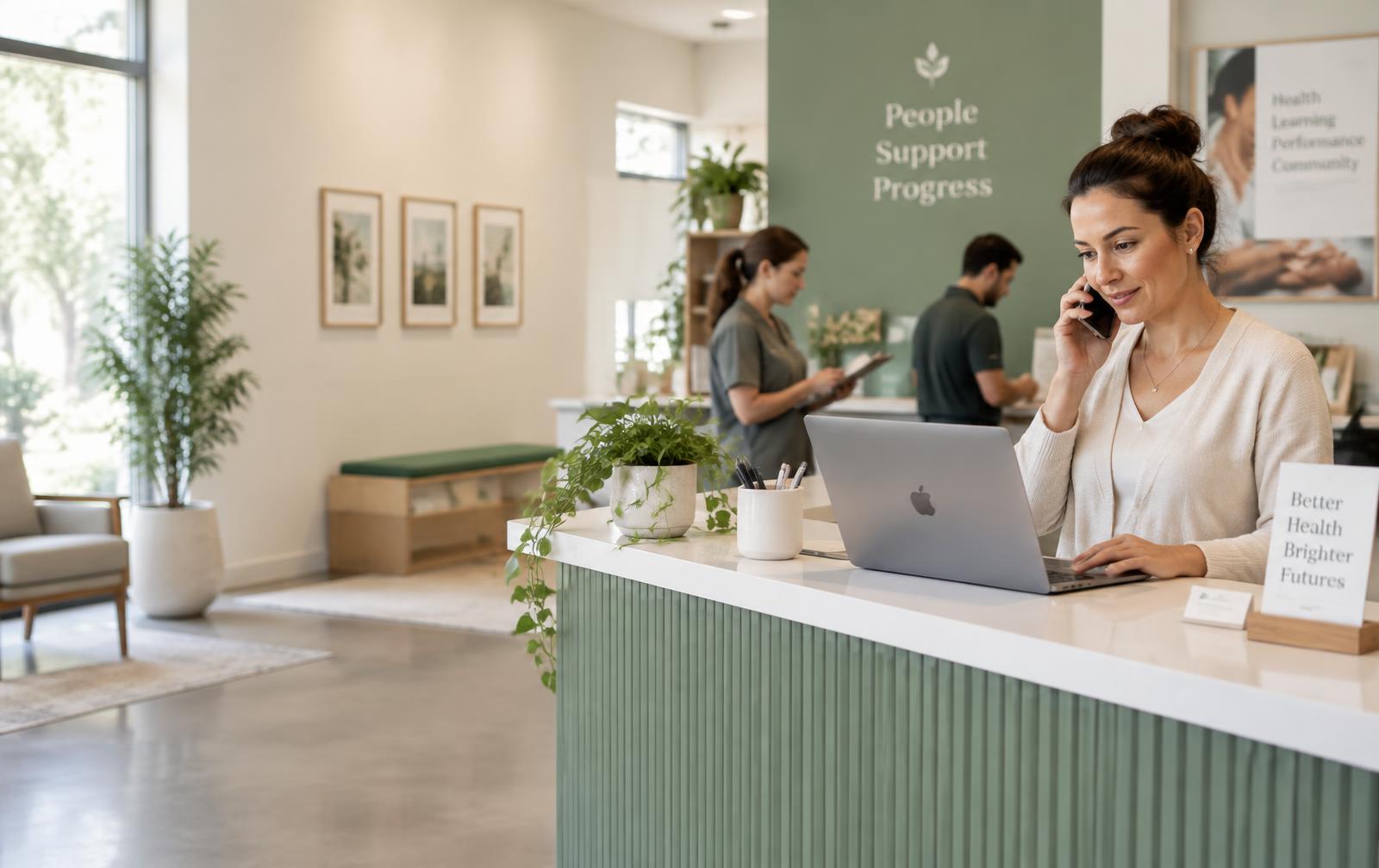 A business owner managing bookings at a front desk while staff handle appointments